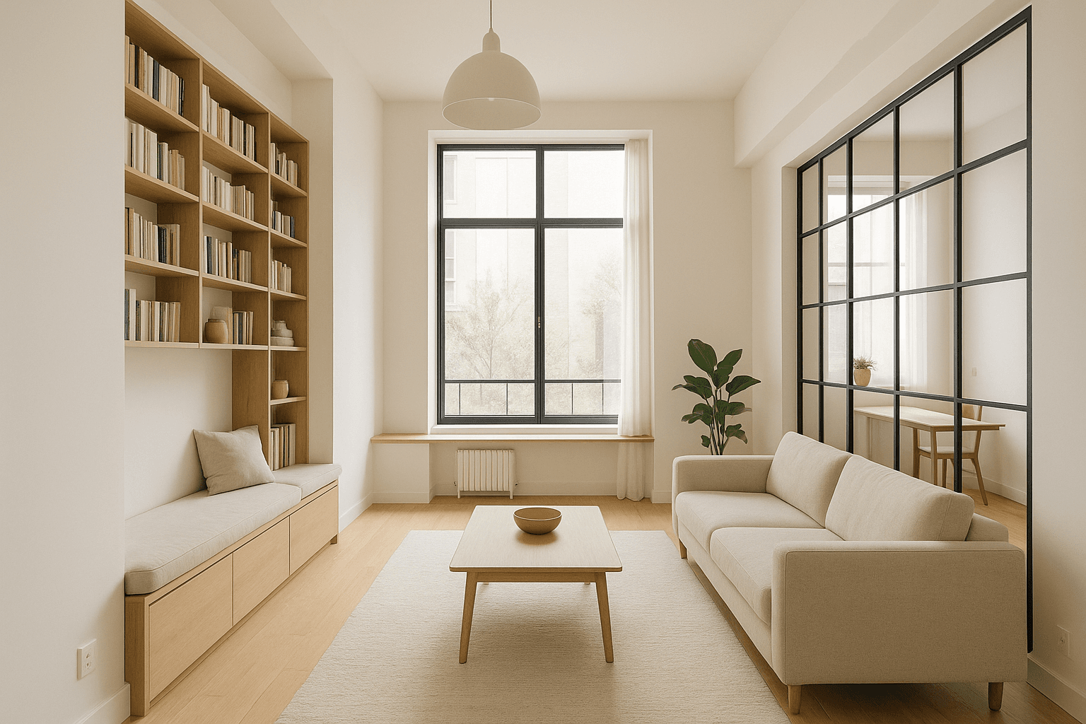 Salon lumineux au design minimaliste avec mobilier sur mesure, grande verrière atelier, et bibliothèque intégrée pour une optimisation maximale de l'espace intérieur.